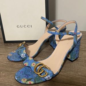 Gucci Blue Floral Marmont Block Heels